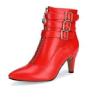 IDIFU Women's Pointed Toe Metal Buckle Two Strap Ankle Booties Side Zipper Kitte